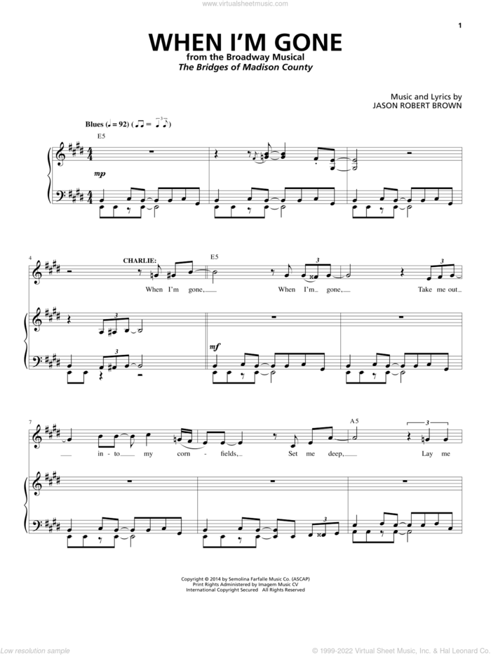 When I'm Gone (from The Bridges of Madison County) sheet music for voice and piano by Jason Robert Brown, intermediate skill level