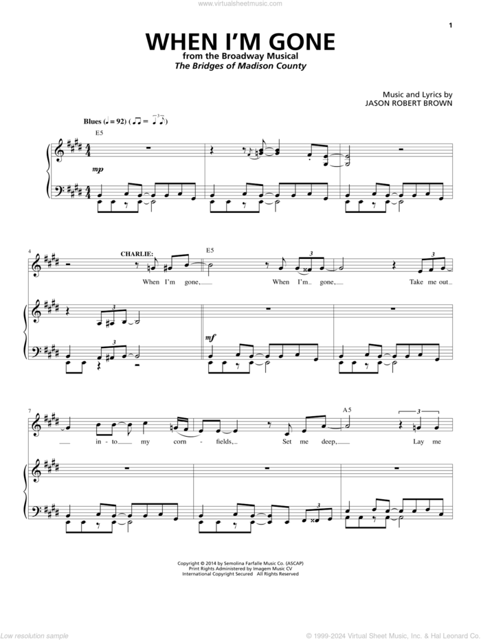 When I'm Gone (from The Bridges of Madison County) sheet music for voice and piano by Jason Robert Brown, intermediate skill level