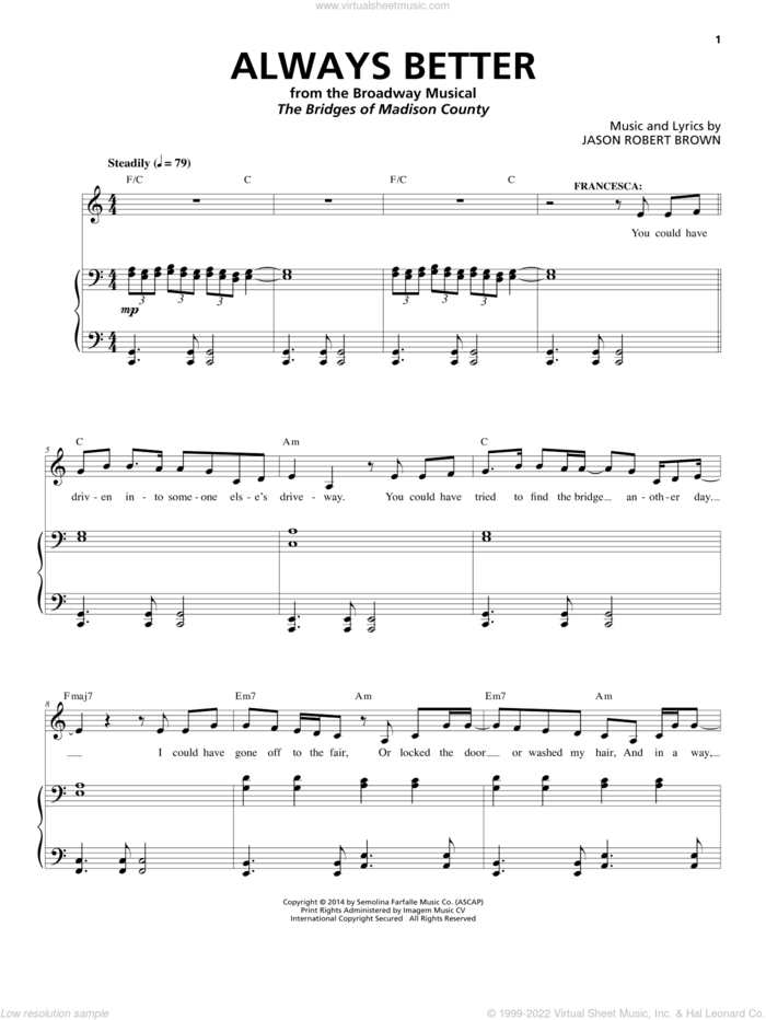 Always Better (from The Bridges of Madison County) sheet music for voice and piano by Jason Robert Brown, intermediate skill level