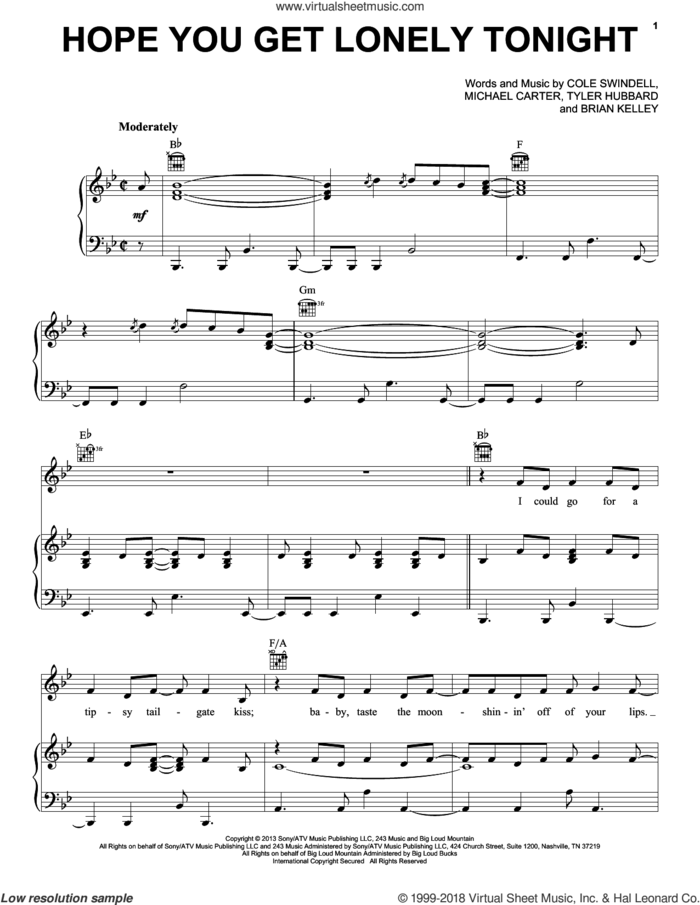 Hope You Get Lonely Tonight sheet music for voice, piano or guitar by Cole Swindell, Brian Kelley, Michael Carter and Tyler Hubbard, intermediate skill level