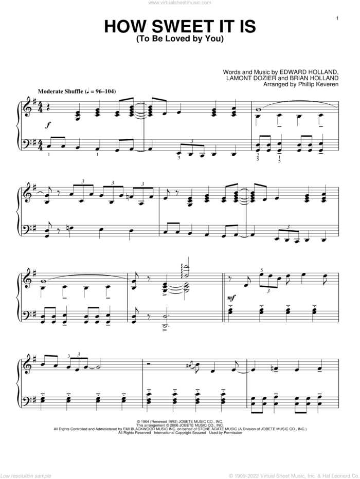 How Sweet It Is (To Be Loved By You) (arr. Phillip Keveren) sheet music for piano solo by Marvin Gaye, Phillip Keveren, James Taylor, Brian Holland, Eddie Holland and Lamont Dozier, intermediate skill level