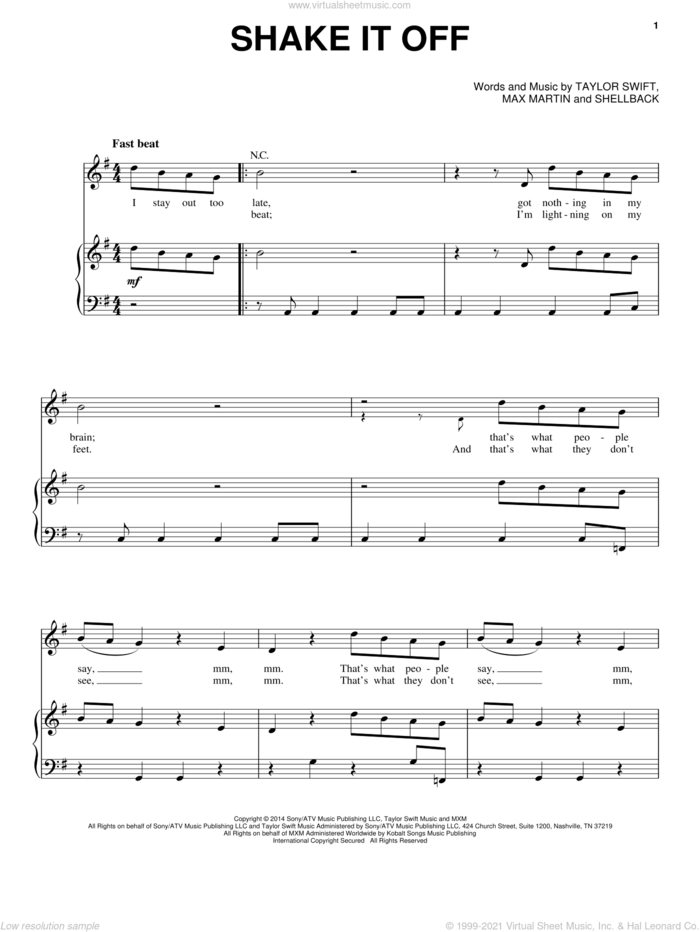 Shake It Off sheet music for voice, piano or guitar by Taylor Swift, Johan Schuster, Max Martin and Shellback, intermediate skill level