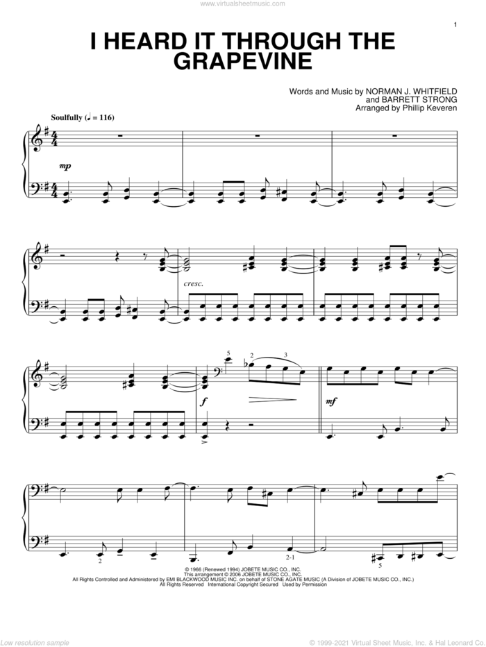 I Heard It Through The Grapevine (arr. Phillip Keveren) sheet music for piano solo by Marvin Gaye, Phillip Keveren, Creedence Clearwater Revival, Gladys Knight & The Pips, Michael McDonald, Barrett Strong and Norman Whitfield, intermediate skill level