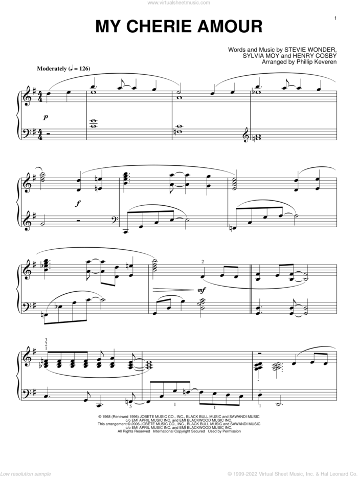 My Cherie Amour (arr. Phillip Keveren) sheet music for piano solo by Stevie Wonder, Phillip Keveren, Henry Cosby and Sylvia Moy, intermediate skill level