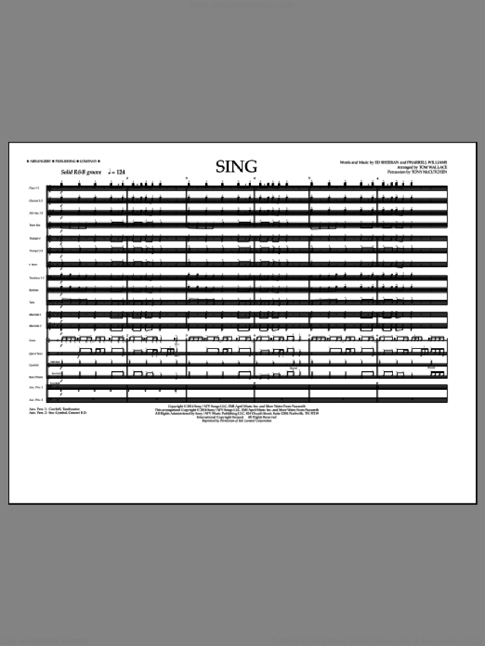 Sing (COMPLETE) sheet music for marching band by Ed Sheeran, Pharrell Williams and Tom Wallace, intermediate skill level