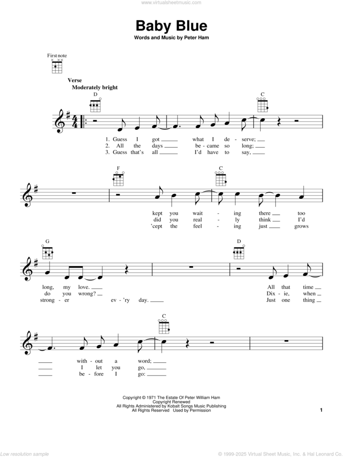 Baby Blue sheet music for ukulele by Badfinger and Pete Ham, intermediate skill level