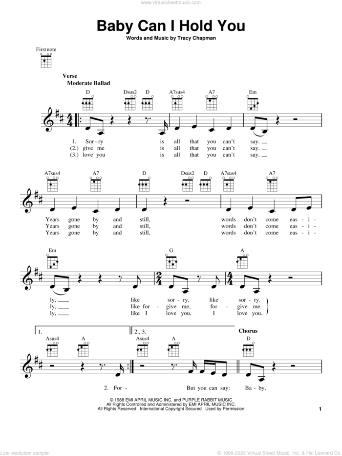 Baby Can I Hold You sheet music for ukulele by Tracy Chapman, intermediate skill level