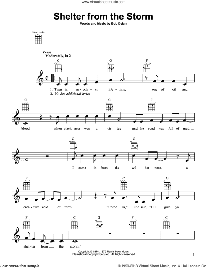 Shelter From The Storm sheet music for ukulele by Bob Dylan, intermediate skill level