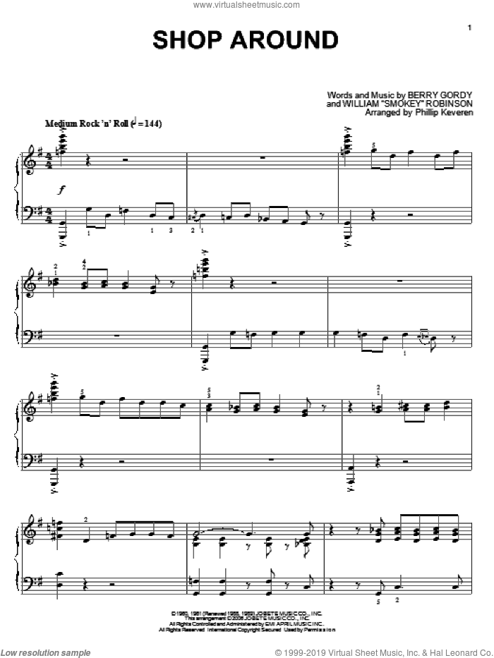 Shop Around (arr. Phillip Keveren) sheet music for piano solo by Smokey Robinson & The Miracles, Phillip Keveren, Captain & Tennille, The Miracles and Berry Gordy, intermediate skill level