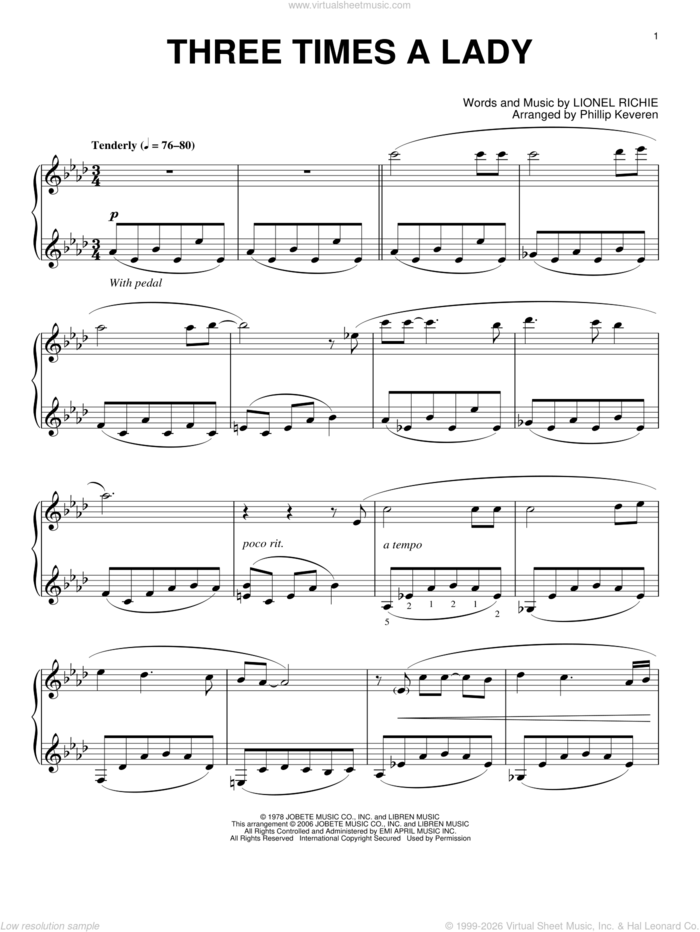 Three Times A Lady (arr. Phillip Keveren) sheet music for piano solo by The Commodores, Phillip Keveren and Lionel Richie, intermediate skill level