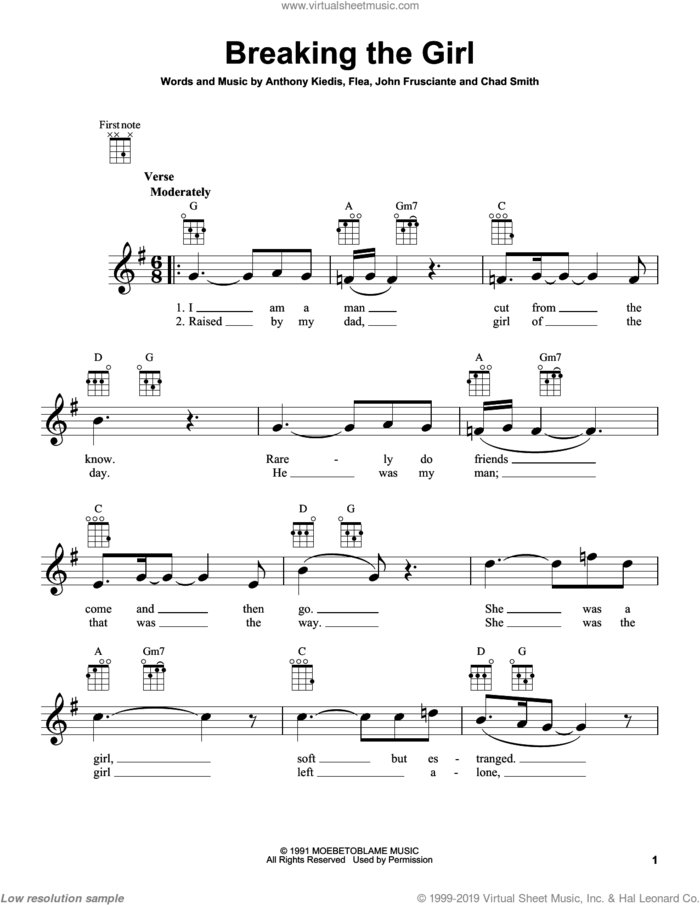 Breaking The Girl sheet music for ukulele by Red Hot Chili Peppers, Anthony Kiedis, Chad Smith, Flea and John Frusciante, intermediate skill level