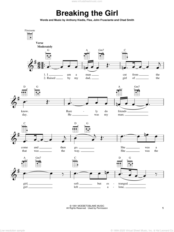 Breaking The Girl sheet music for ukulele by Red Hot Chili Peppers, Anthony Kiedis, Chad Smith, Flea and John Frusciante, intermediate skill level