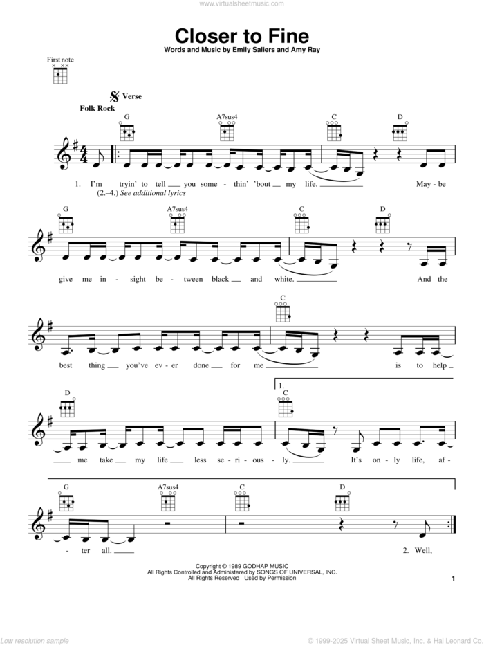 Closer To Fine sheet music for ukulele by Indigo Girls, Amy Ray and Emily Saliers, intermediate skill level