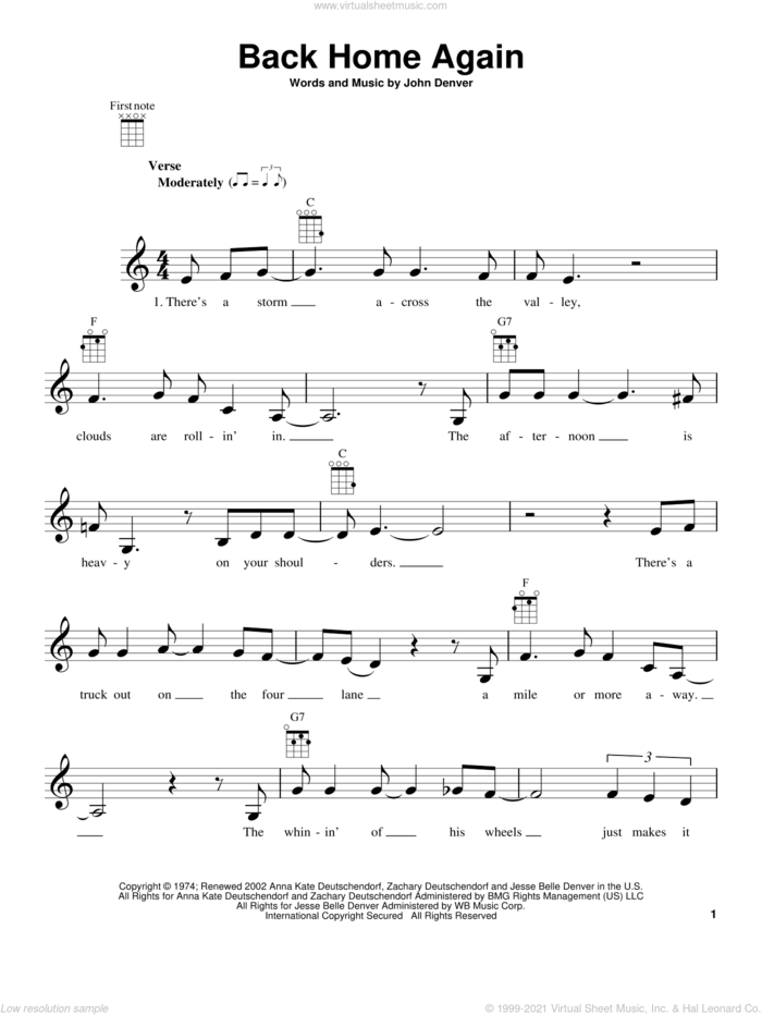 Back Home Again sheet music for ukulele by John Denver, intermediate skill level