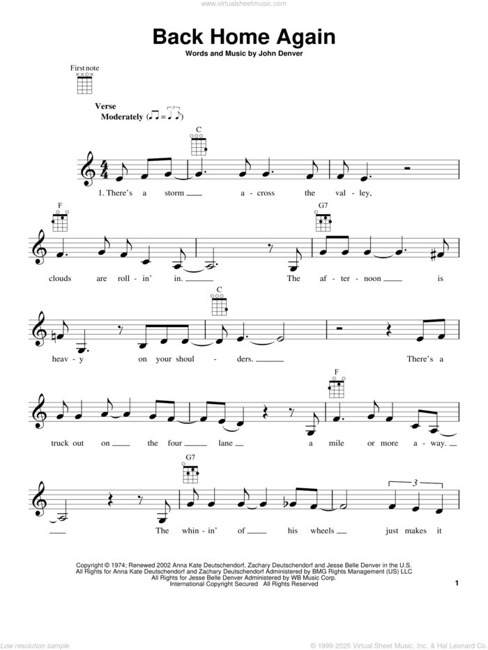 Back Home Again (from The Daily Ukulele) sheet music for ukulele by John Denver, intermediate skill level