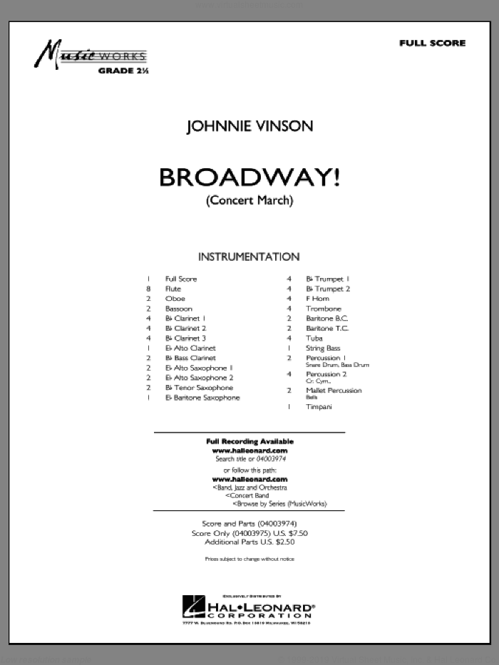 Broadway! (COMPLETE) sheet music for concert band by Johnnie Vinson, intermediate skill level