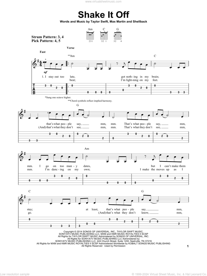 Shake It Off sheet music for guitar solo (easy tablature) by Taylor Swift, Johan Schuster, Max Martin and Shellback, easy guitar (easy tablature)