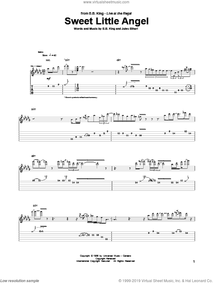 Sweet Little Angel sheet music for guitar (tablature) by B.B. King and Jules Bihari, intermediate skill level