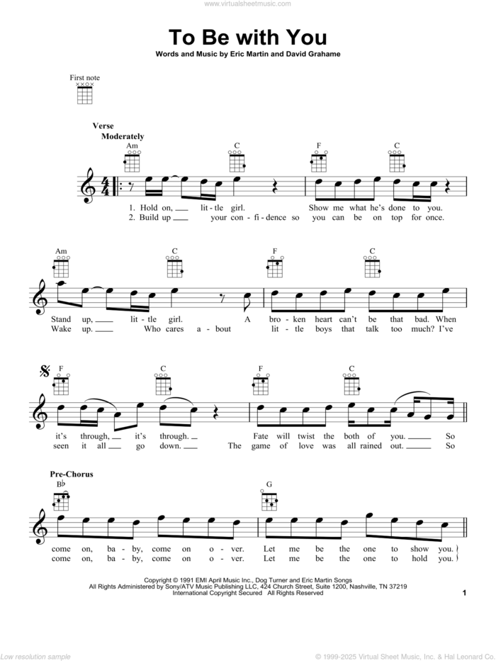 To Be With You sheet music for ukulele by Mr. Big, David Grahame and Eric Martin, intermediate skill level