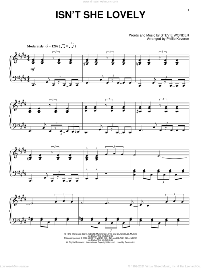Isn't She Lovely (arr. Phillip Keveren) sheet music for piano solo by Stevie Wonder and Phillip Keveren, intermediate skill level