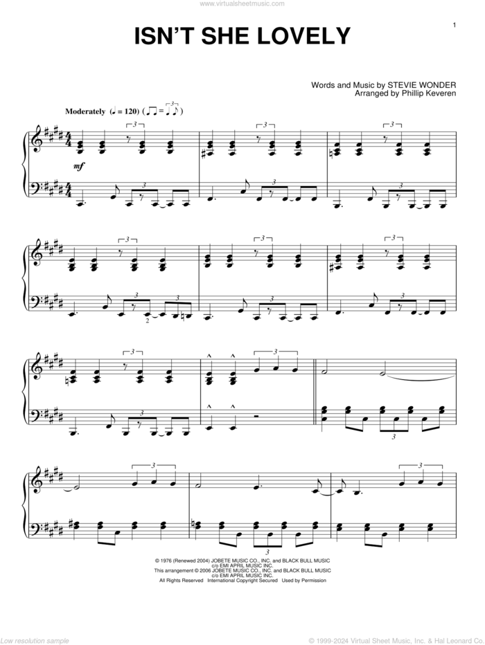 Isn't She Lovely sheet music for piano solo (PDF-interactive)