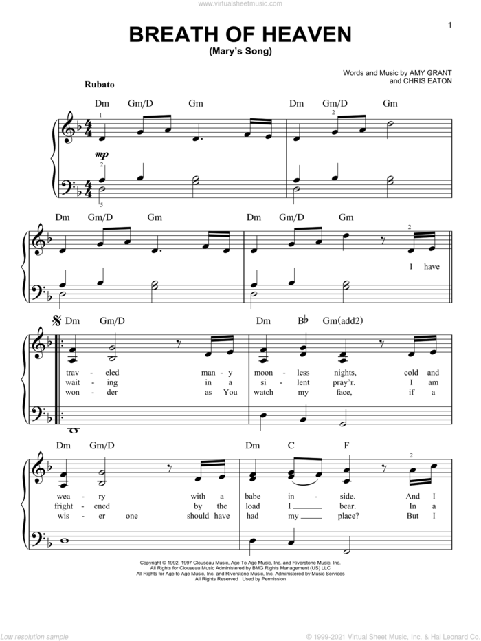 Breath Of Heaven (Mary's Song) sheet music for piano solo by Amy Grant and Chris Eaton, easy skill level