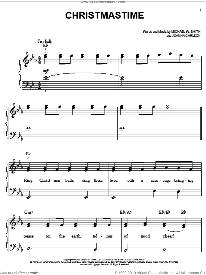 Christmastime, (easy) sheet music for piano solo by Michael W. Smith and Joanna Carlson, easy skill level