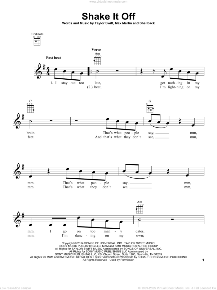 Shake It Off sheet music for ukulele by Taylor Swift, Johan Schuster, Max Martin and Shellback, intermediate skill level