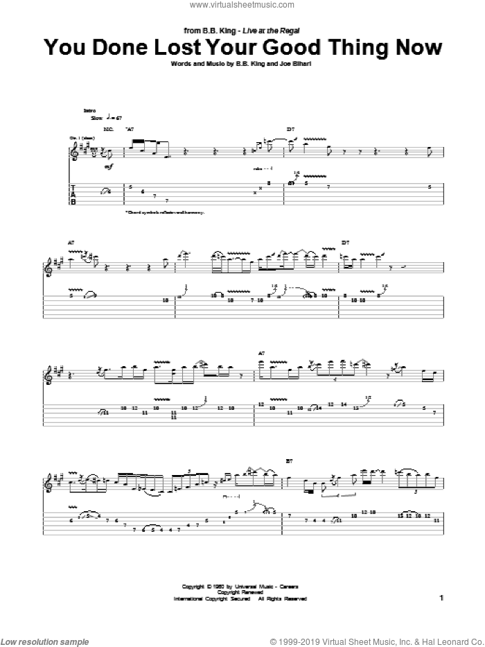 You Done Lost Your Good Thing Now sheet music for guitar (tablature) by B.B. King and Joe Bihari, intermediate skill level