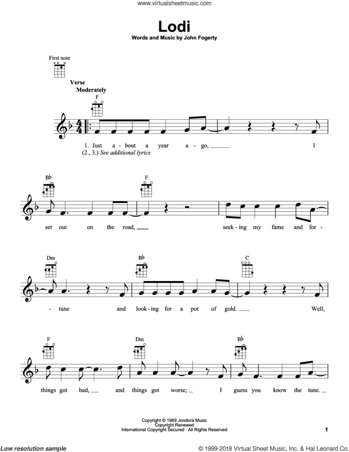 Lodi sheet music for ukulele by Creedence Clearwater Revival and John Fogerty, intermediate skill level