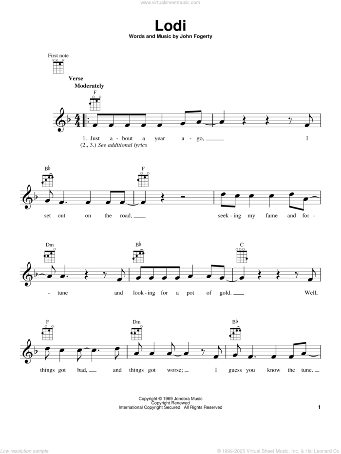 Lodi sheet music for ukulele by Creedence Clearwater Revival and John Fogerty, intermediate skill level