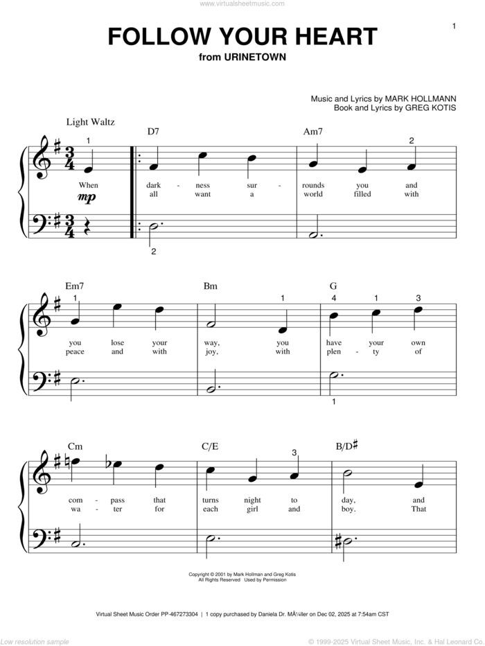 Follow Your Heart sheet music for piano solo (big note book) by Urinetown (Musical), Greg Kotis and Mark Hollmann, easy piano (big note book)