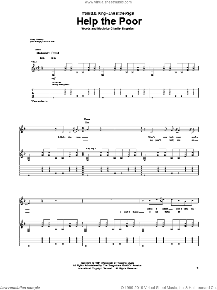 Help The Poor sheet music for guitar (tablature) by B.B. King and Charlie Singleton, intermediate skill level