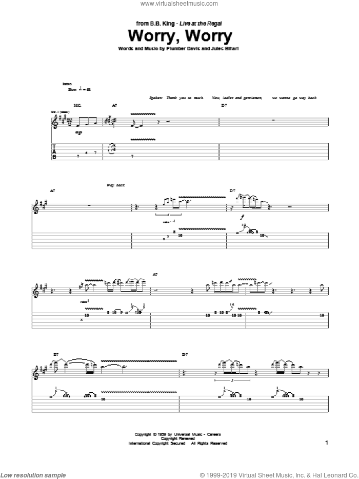 Worry, Worry sheet music for guitar (tablature) by B.B. King, Buddy Guy, Jules Bihari and Plumber Davis, intermediate skill level