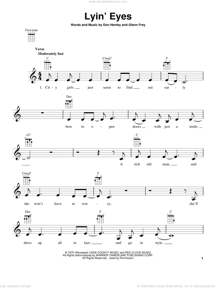 Lyin' Eyes sheet music for ukulele by Don Henley, The Eagles and Glenn Frey, intermediate skill level