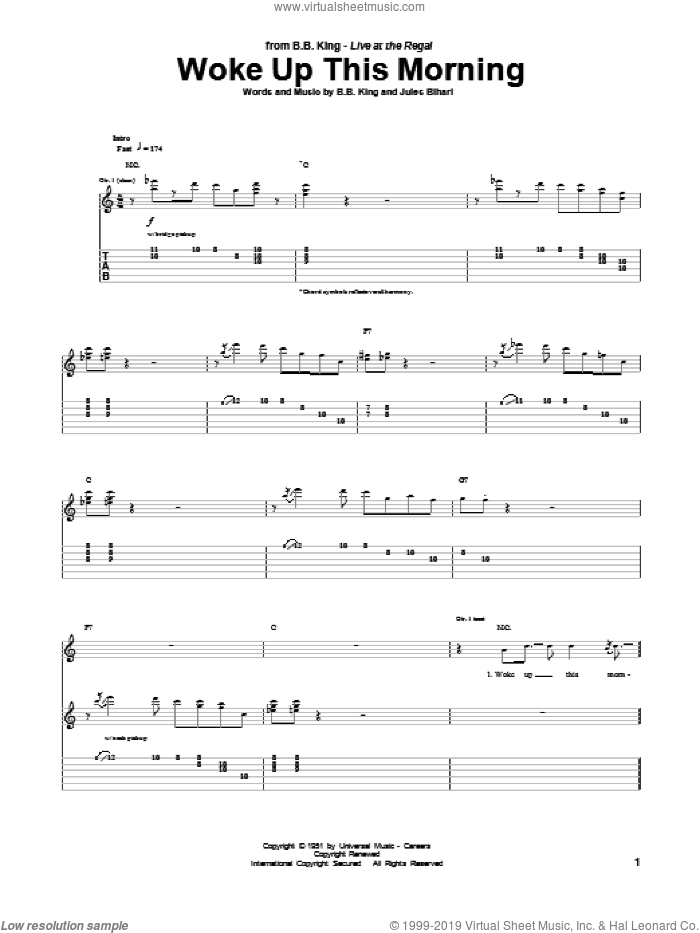 Woke Up This Morning sheet music for guitar (tablature) by B.B. King and Jules Bihari, intermediate skill level
