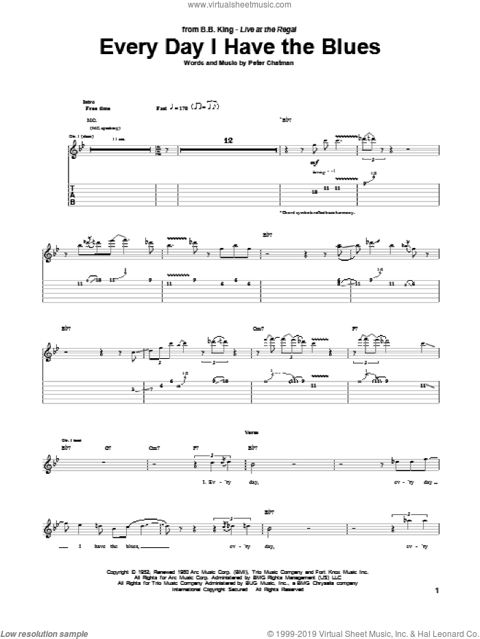 Every Day I Have The Blues sheet music for guitar (tablature) by B.B. King and Peter Chatman, intermediate skill level
