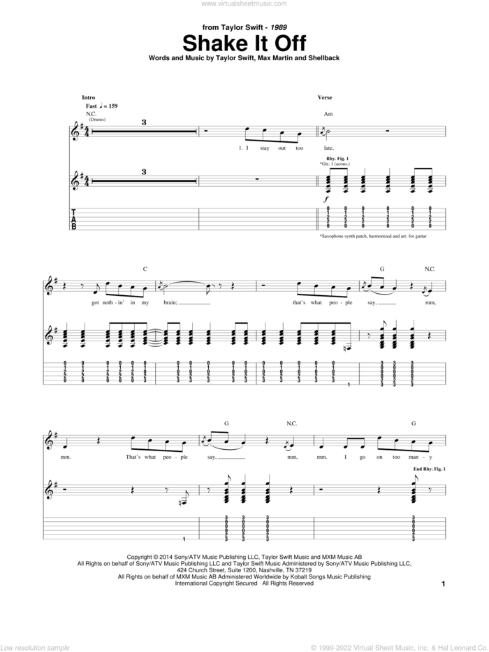 Shake It Off sheet music for guitar (tablature) by Taylor Swift, Johan Schuster, Max Martin and Shellback, intermediate skill level
