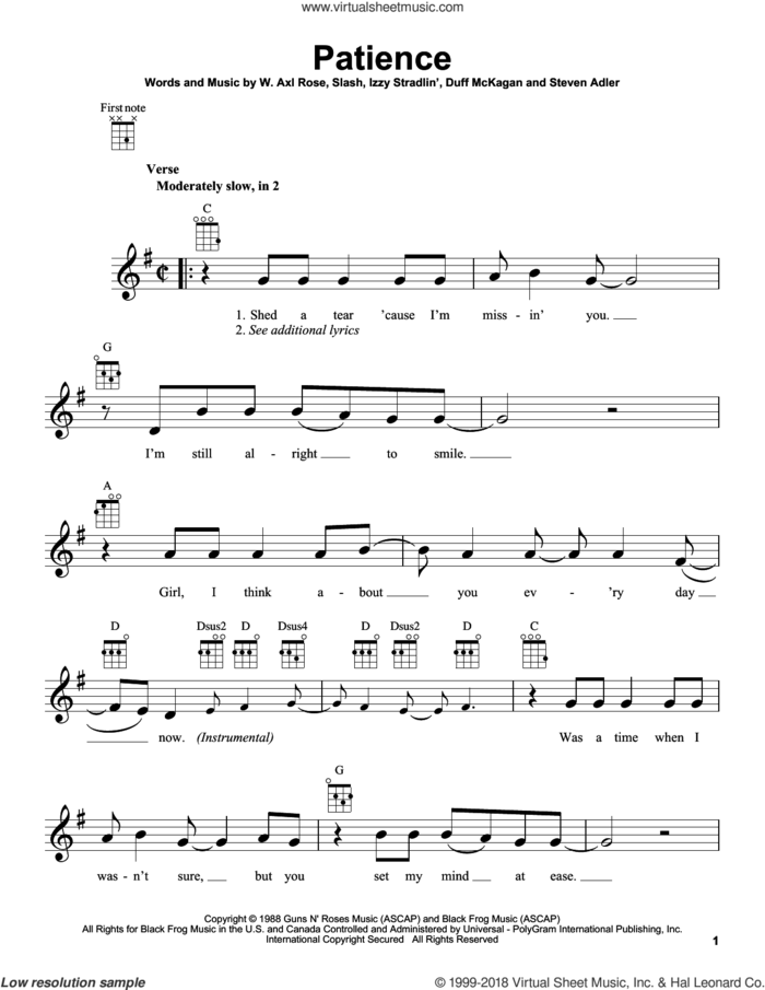 Patience sheet music for ukulele (PDF-interactive)