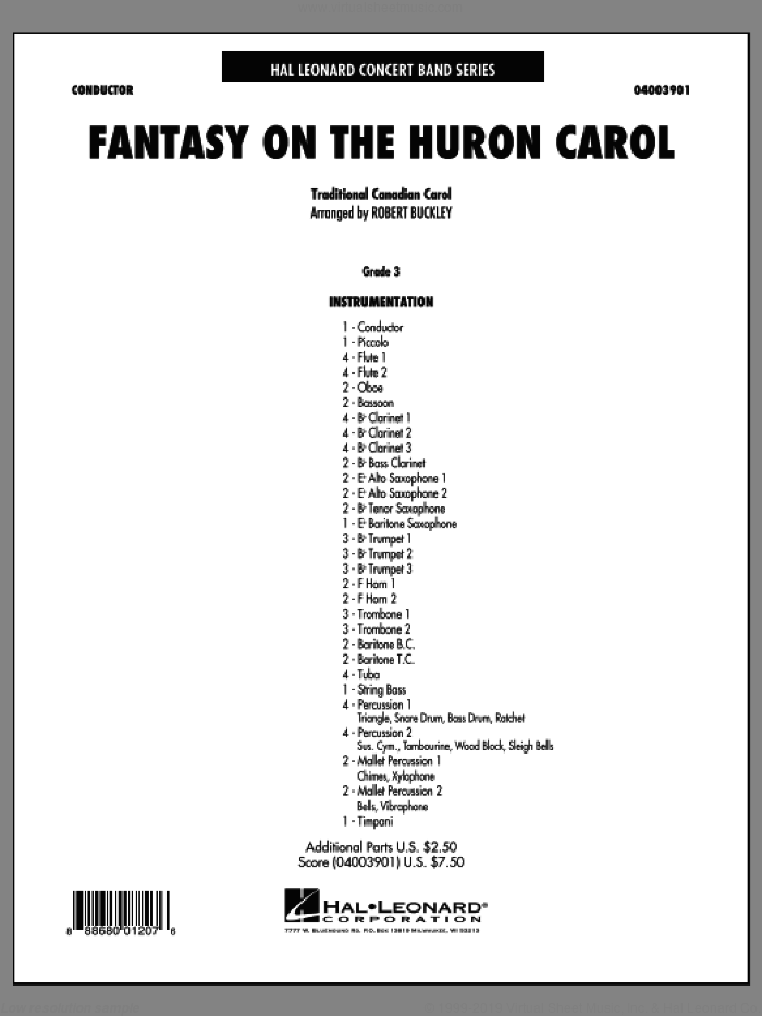 Fantasy on the Huron Carol (COMPLETE) sheet music for concert band by Robert Buckley, Trad. Canadian-Indian Melody and Trad. French-Canadian Text, intermediate skill level