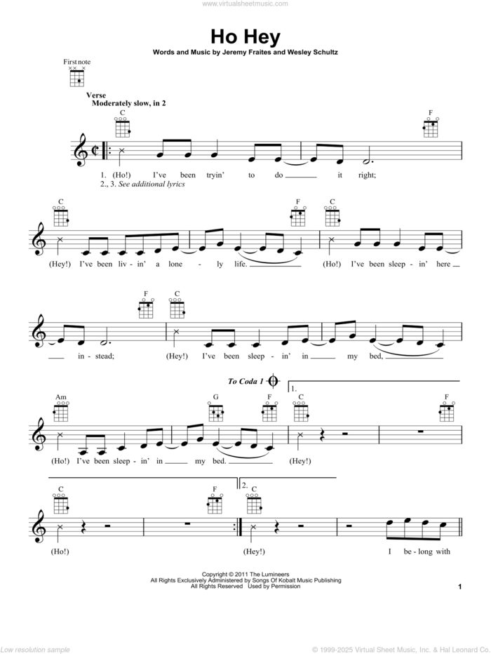 Ho Hey (from The Daily Ukulele) sheet music for ukulele by The Lumineers, Lennon & Maisy, Jeremy Fraites and Wesley Schultz, intermediate skill level