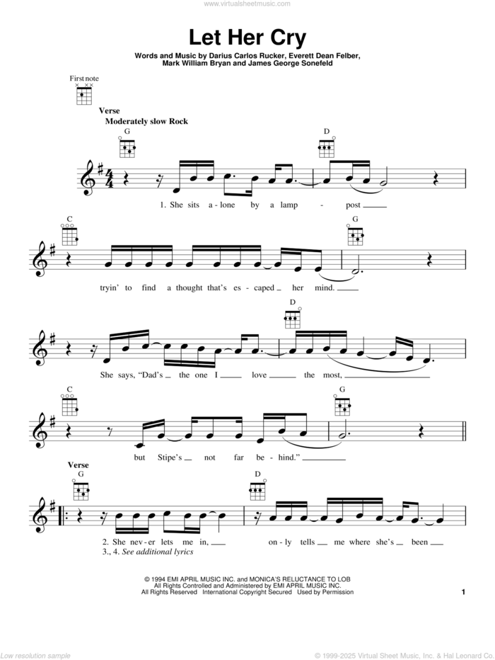 Let Her Cry sheet music for ukulele by Hootie & The Blowfish, Darius Carlos Rucker, Everett Dean Felber, James George Sonefeld and Mark William Bryan, intermediate skill level