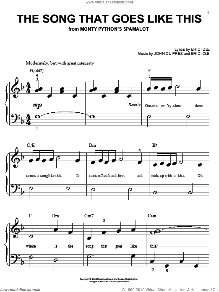 The Song That Goes Like This (from Monty Python's Spamalot) sheet music for piano solo (big note book) by Eric Idle and John Du Prez, easy piano (big note book)
