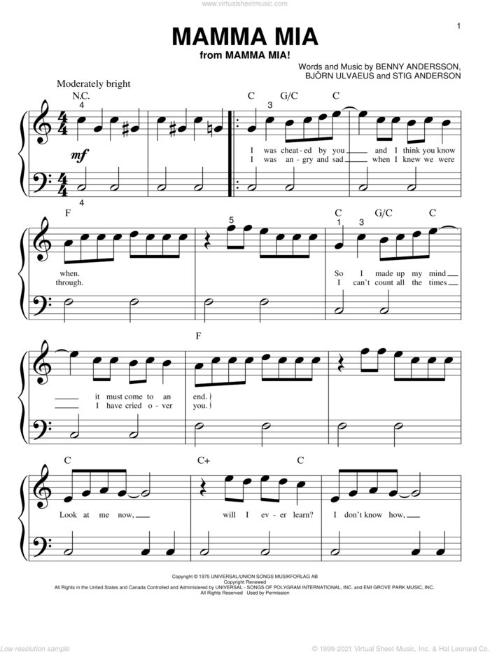 Mamma Mia sheet music for piano solo (big note book) by ABBA, Mamma Mia! (Movie), Mamma Mia! (Musical), Benny Andersson, Bjorn Ulvaeus and Stig Anderson, easy piano (big note book)