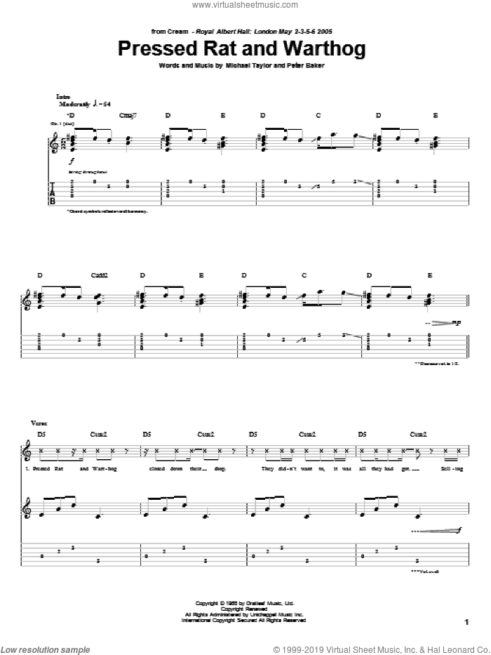 Pressed Rat And Warthog sheet music for guitar (tablature) by Cream, Michael Taylor and Peter Baker, intermediate skill level