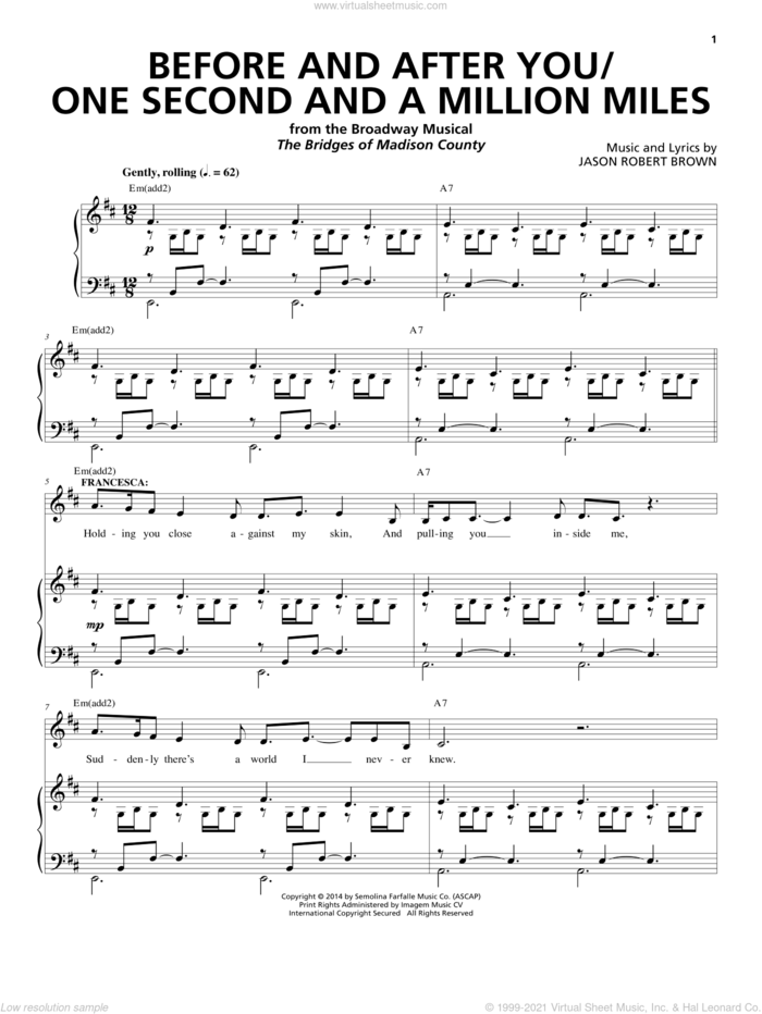 Before And After You / One Second And A Million Miles (from The Bridges of Madison County) sheet music for voice and piano by Jason Robert Brown, intermediate skill level