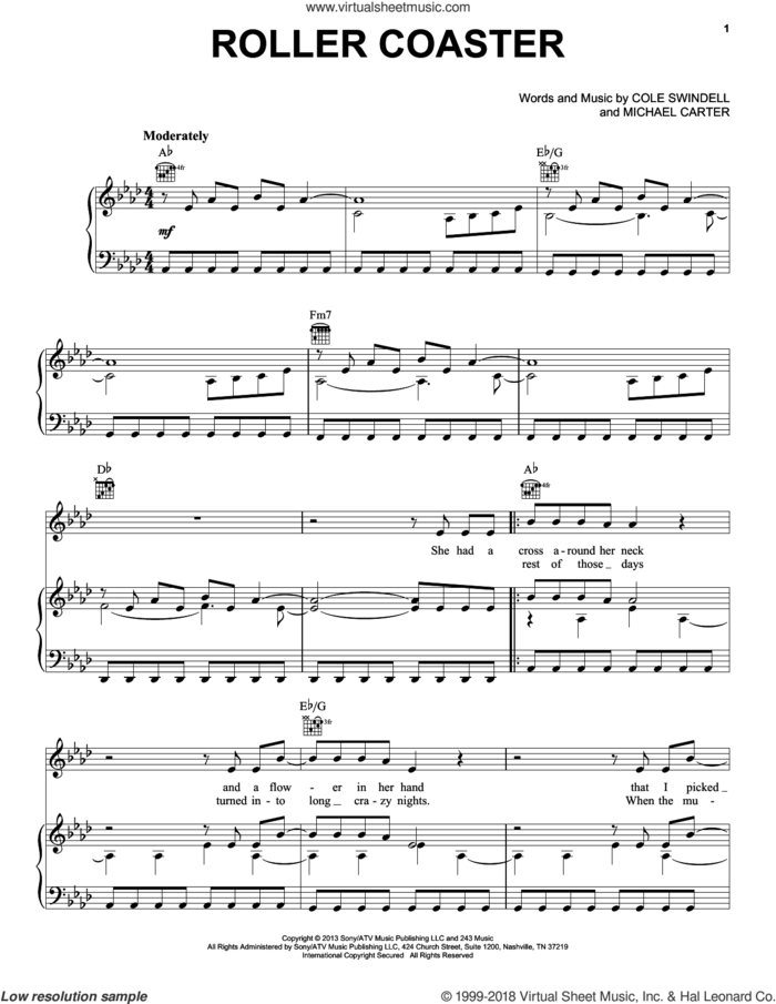 Roller Coaster sheet music for voice, piano or guitar by Luke Bryan, Cole Swindell and Michael Carter, intermediate skill level