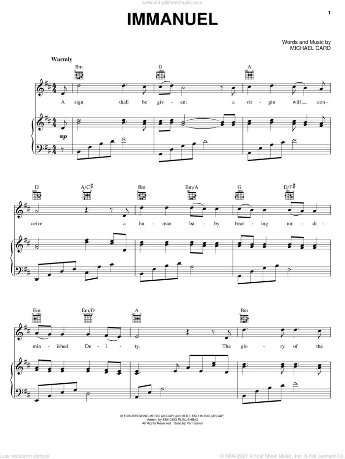 Immanuel sheet music for voice, piano or guitar by Michael Card, intermediate skill level