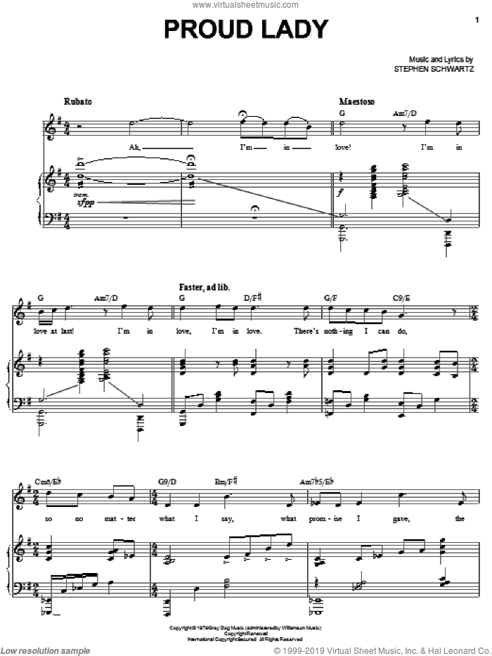 Proud Lady sheet music for voice and piano by Stephen Schwartz, intermediate skill level