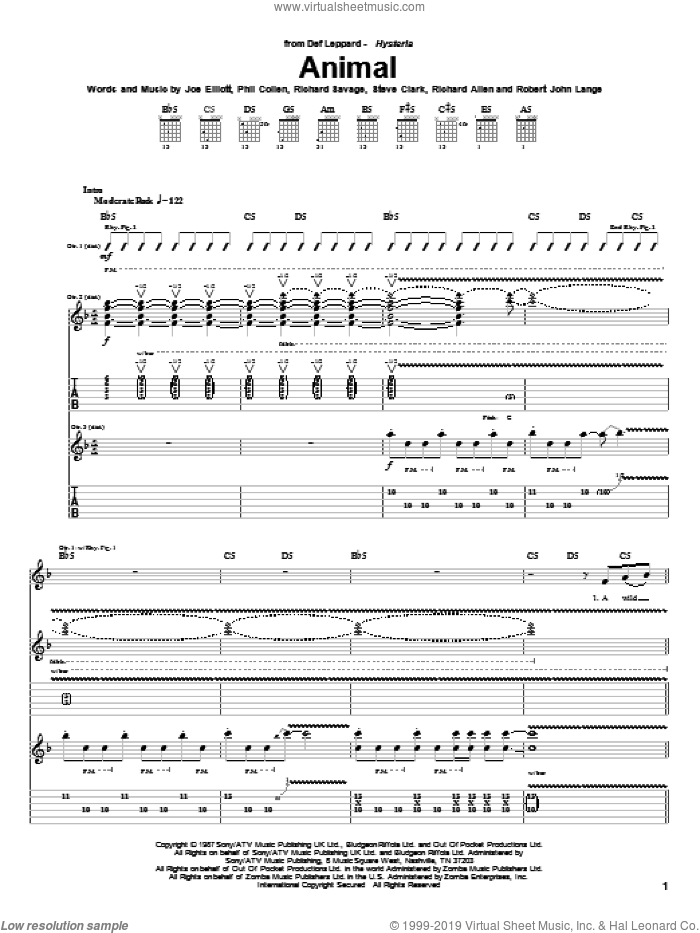 Animal sheet music for guitar (tablature) by Def Leppard, Joe Elliott, Phil Collen, Richard Allen, Richard Savage, Robert John Lange and Steve Clark, intermediate skill level